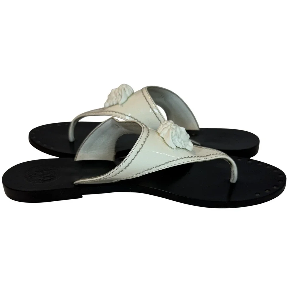 Versace Medusa Head White Patent Leather Thong Sandals Flat Slippers 39.5